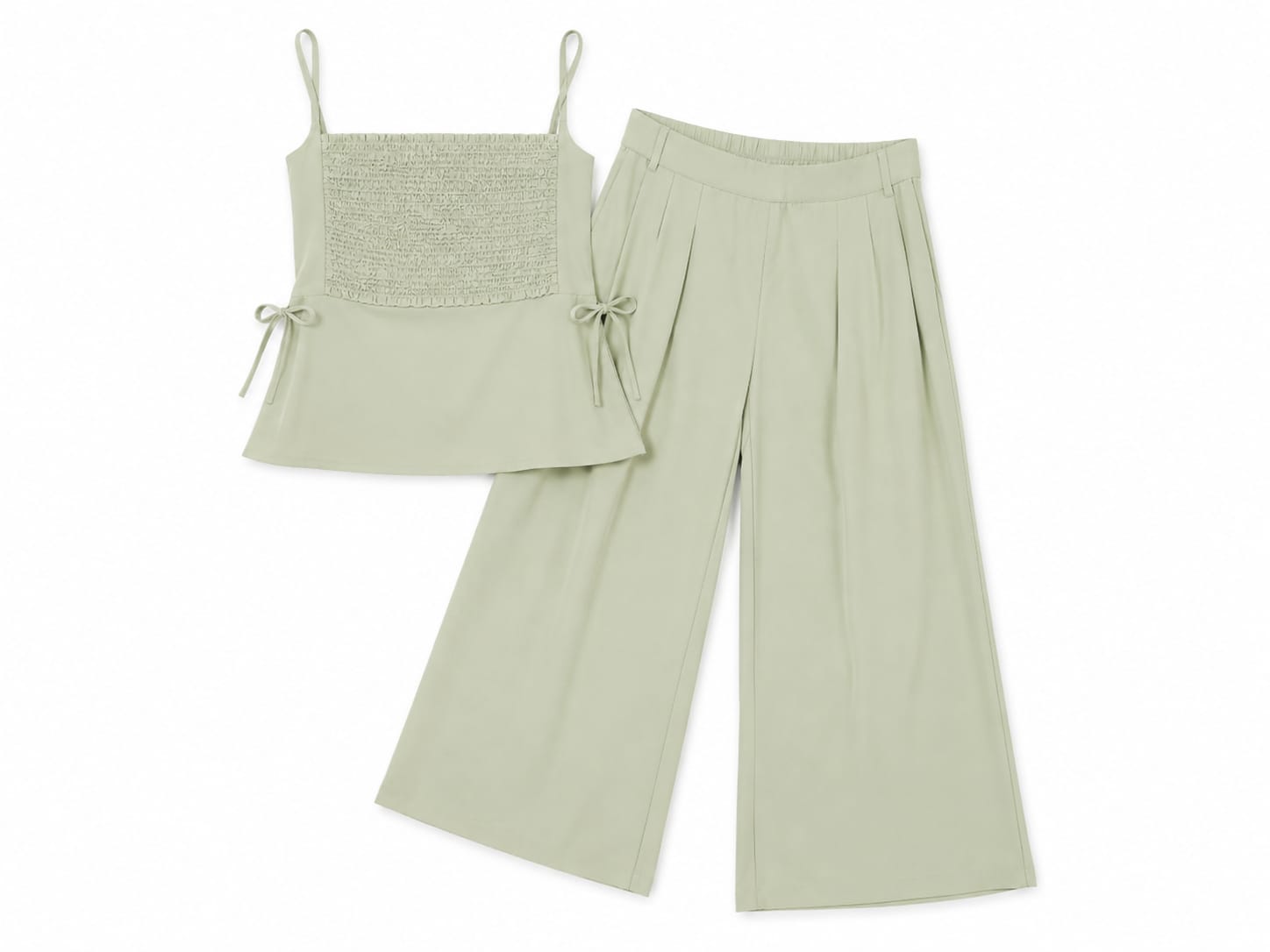 Women’s Sage Green Smocked Cami Top & Wide-Leg Pants Set