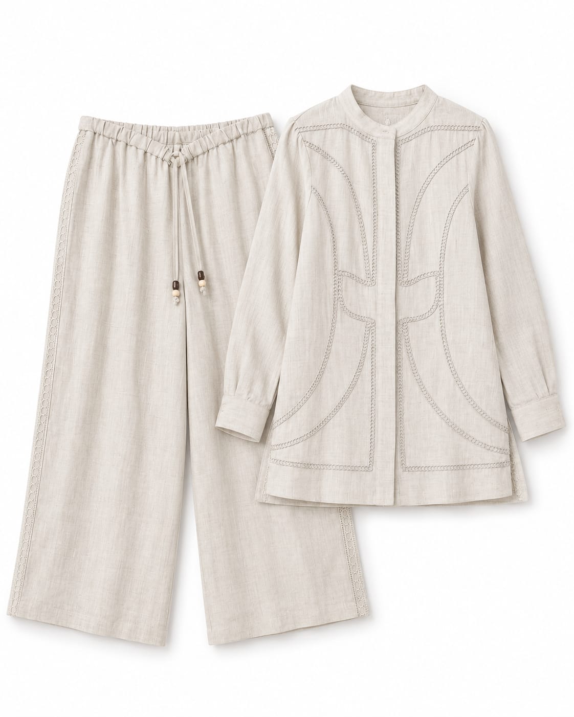 Women’s Beige Embroidered Linen Tunic & Wide-Leg Pants Set
