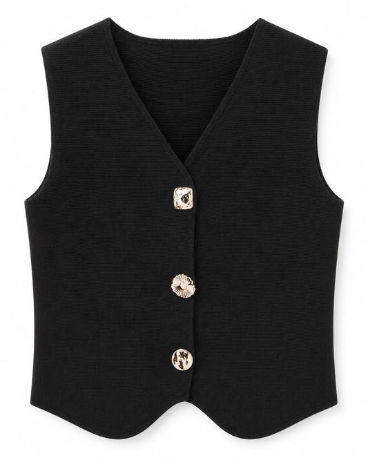Women’s Black Knit Vest with Gold Statement Buttons