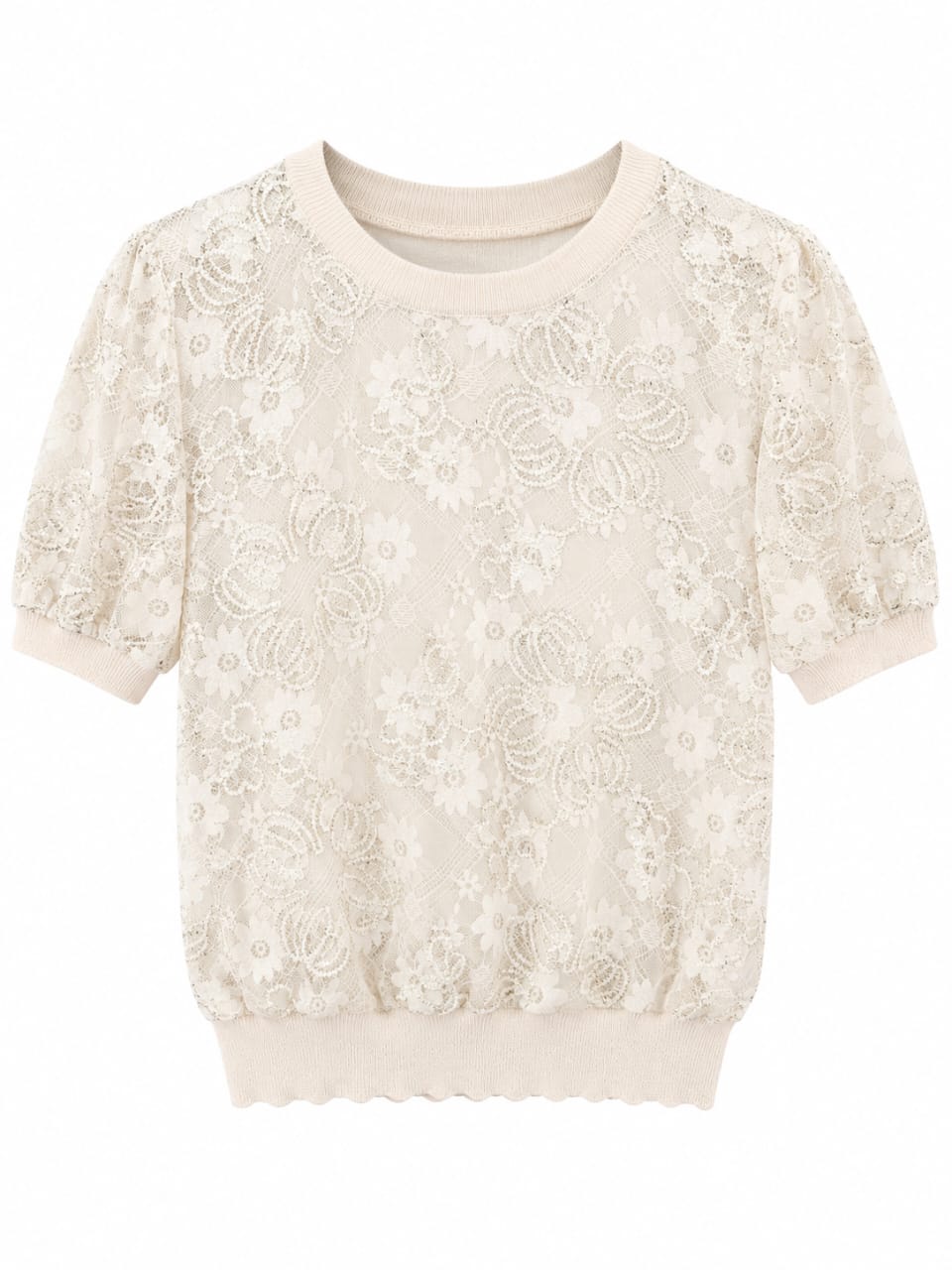 Women’s Ivory Floral Lace Puff-Sleeve Top
