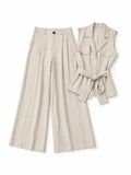 Women’s Beige Linen Belted Vest & Wide-Leg Pants Set