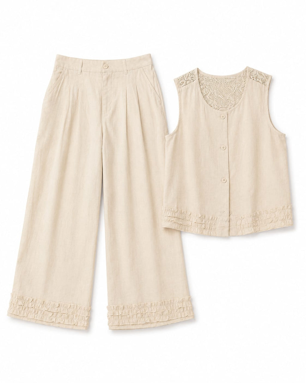 Women’s Beige Linen Lace Vest & Wide-Leg Pants Set