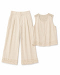 Women’s Beige Linen Lace Vest & Wide-Leg Pants Set