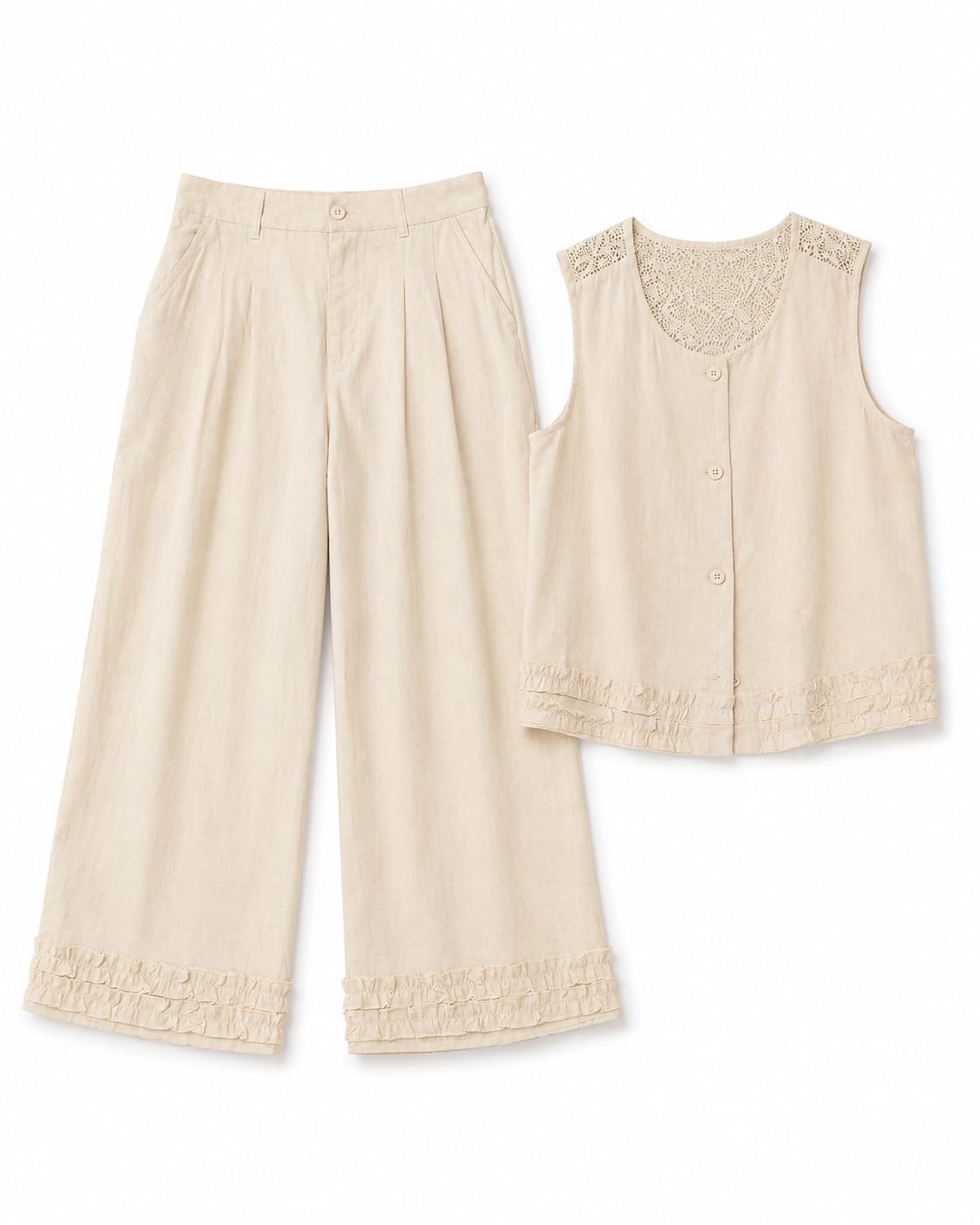 Women’s Beige Linen Lace Vest & Wide-Leg Pants Set
