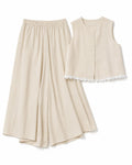 Women’s Beige Floral-Trim Vest & Wide-Leg Pants Set