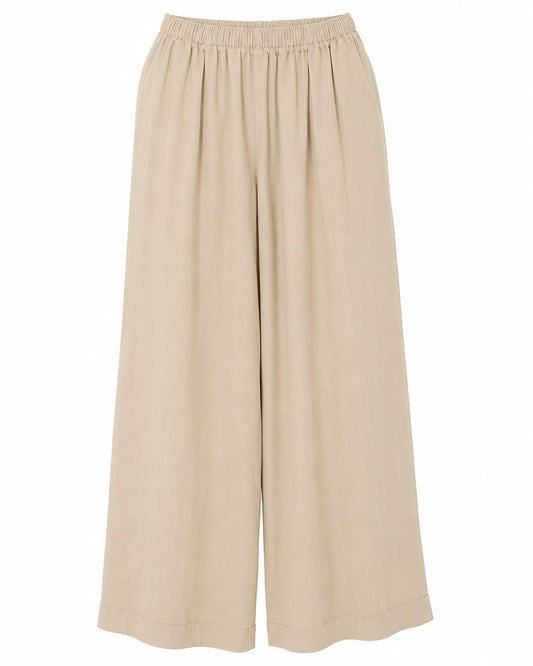 Women’s Beige Elastic-Waist Wide-Leg Pants