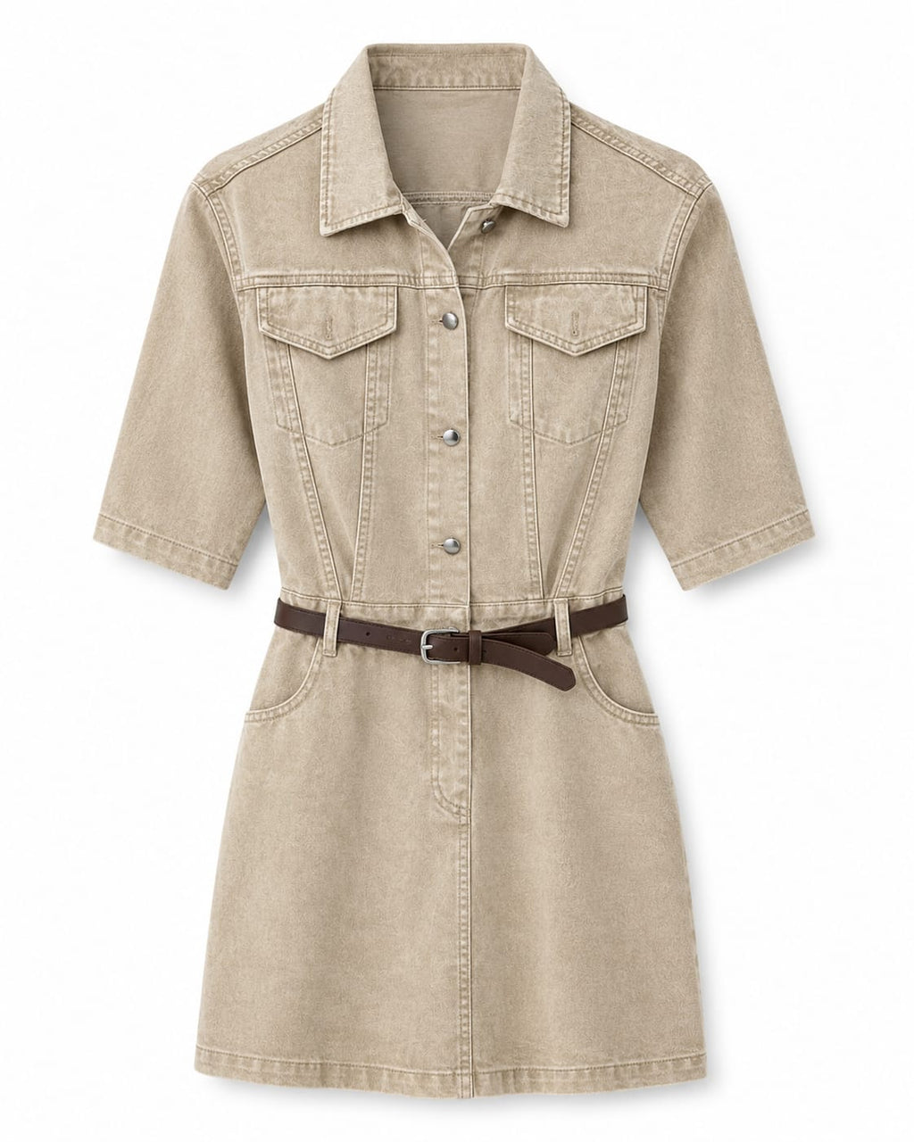 Women’s Beige Belted Denim Shirt Dress