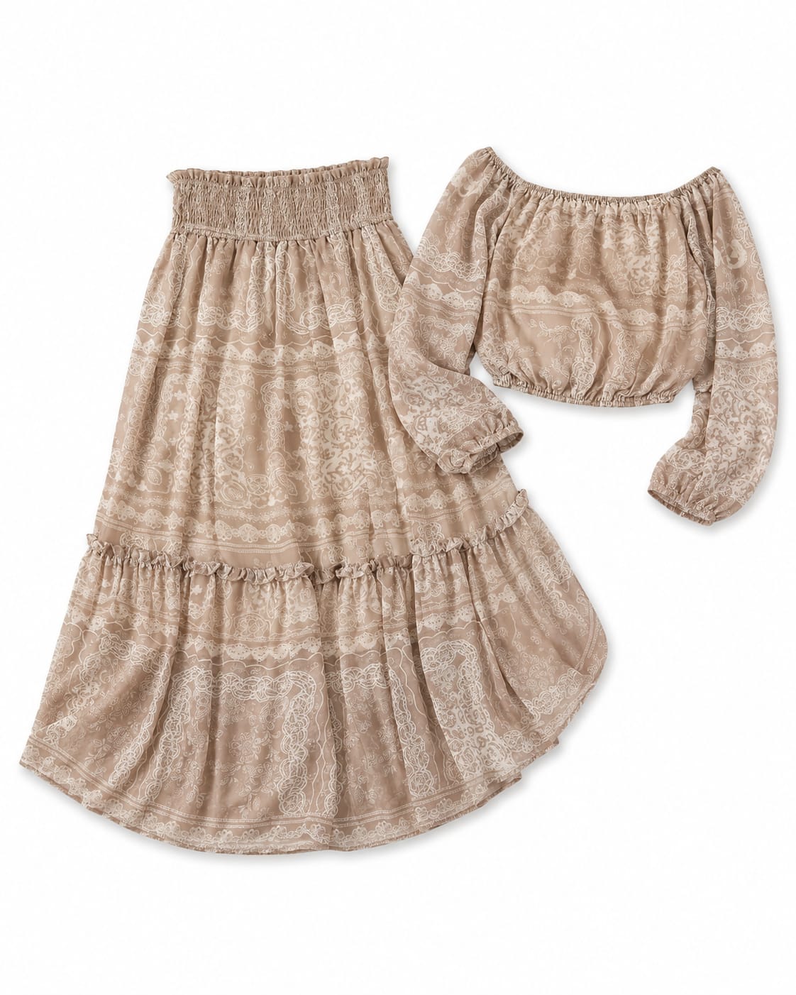 Women’s Beige Paisley Off-Shoulder Crop Top & Maxi Skirt Set