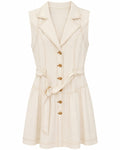 Women’s Cream Contrast-Stitch Belted Sleeveless Dress