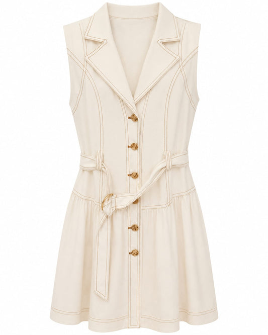 Women’s Cream Contrast-Stitch Belted Sleeveless Dress