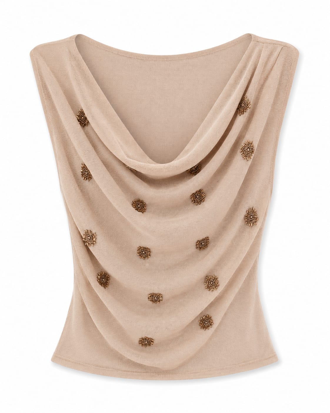 Women’s Beige Beaded Cowl-Neck Sleeveless Top