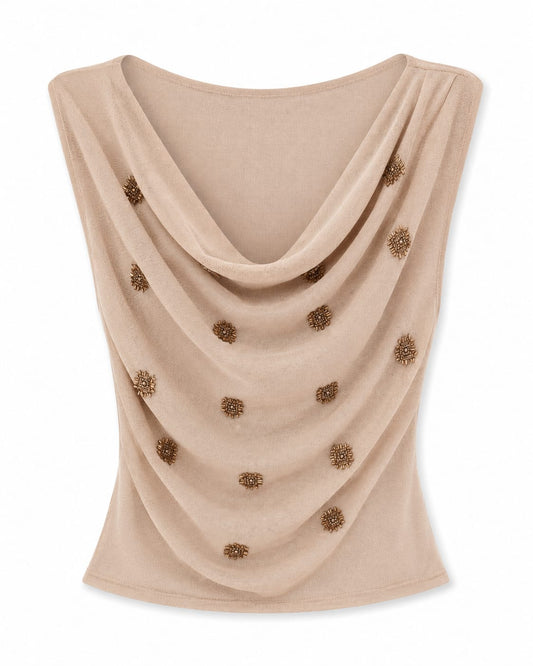 Women’s Beige Beaded Cowl-Neck Sleeveless Top