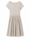 Women’s Beige Ribbed Knit & Pleated Midi Dress