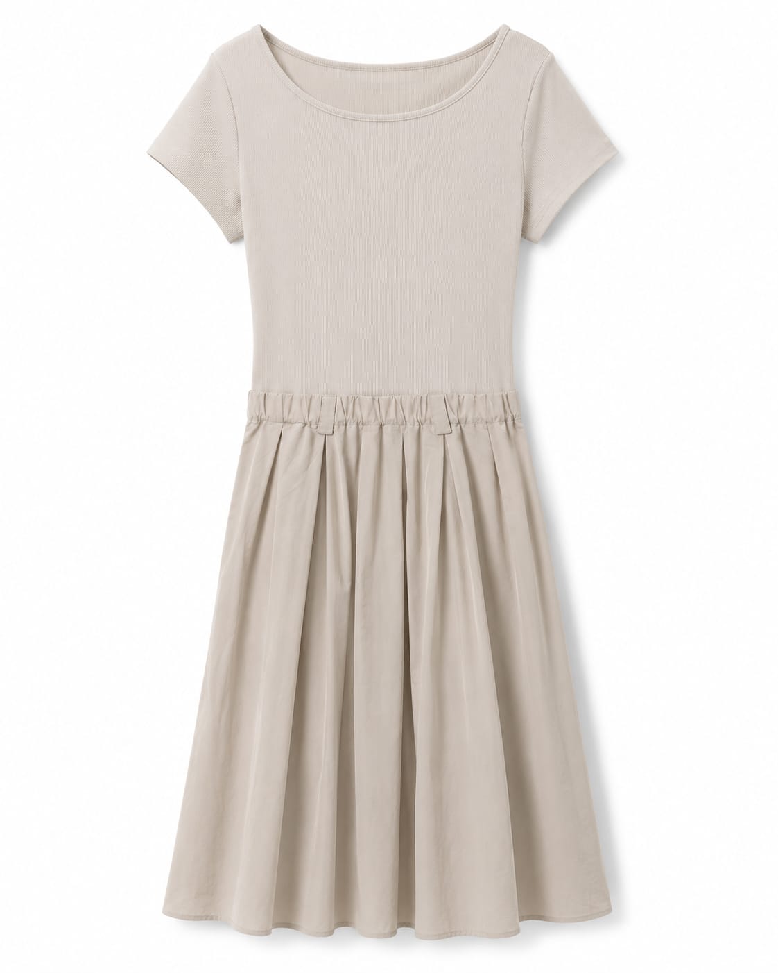 Women’s Beige Ribbed Knit & Pleated Midi Dress