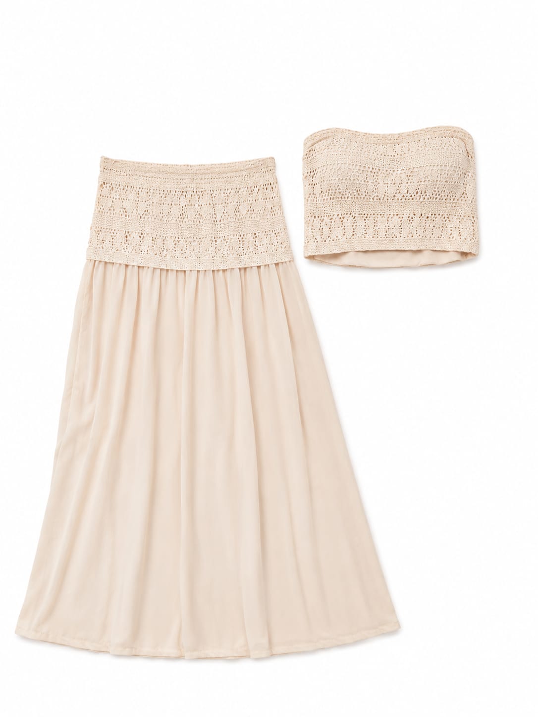Women’s Cream Crochet Strapless Top & Maxi Skirt Set