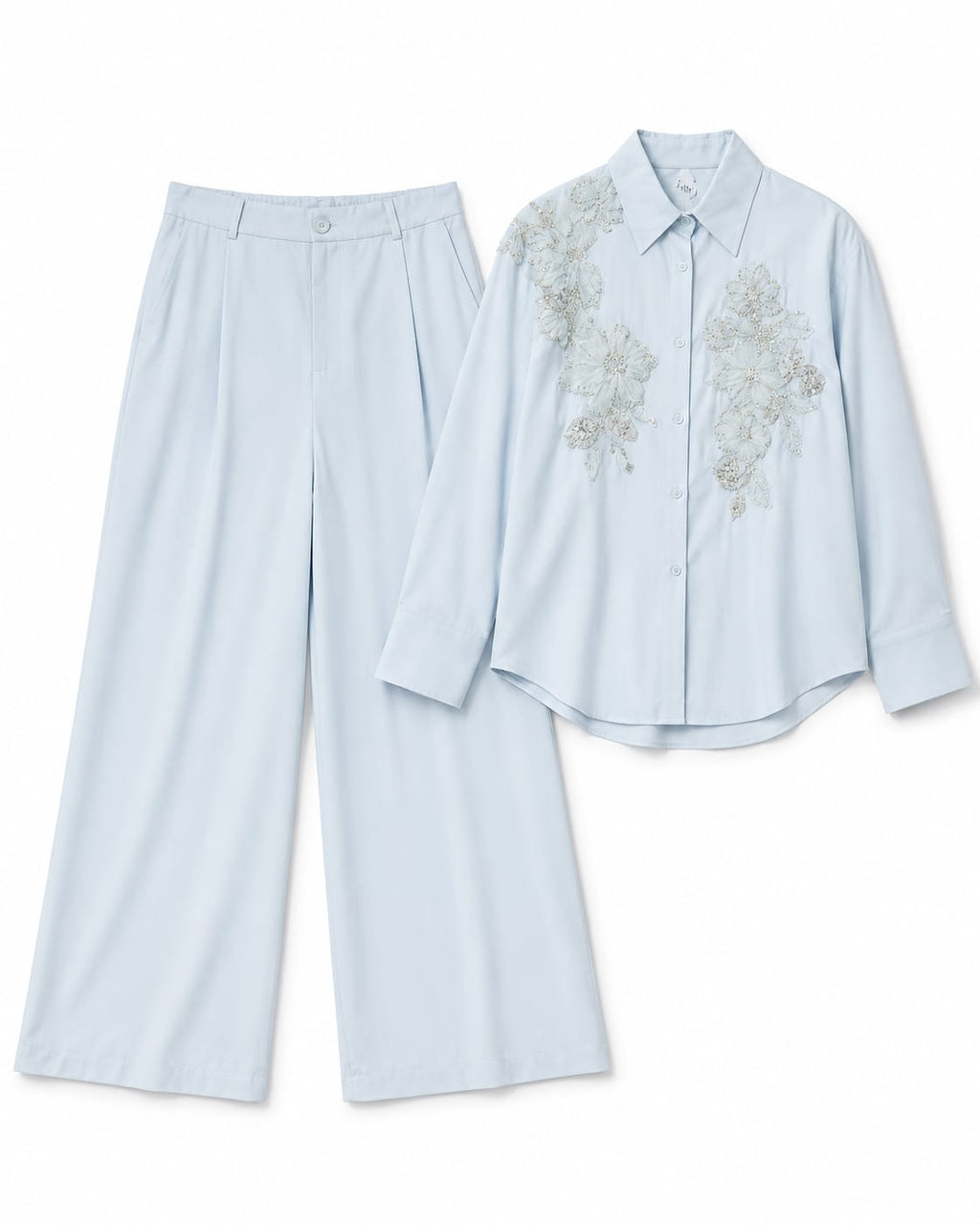 Women’s Pastel Blue Floral Embellished Shirt & Wide-Leg Pants Set