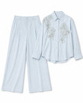 Women’s Pastel Blue Floral Embellished Shirt & Wide-Leg Pants Set