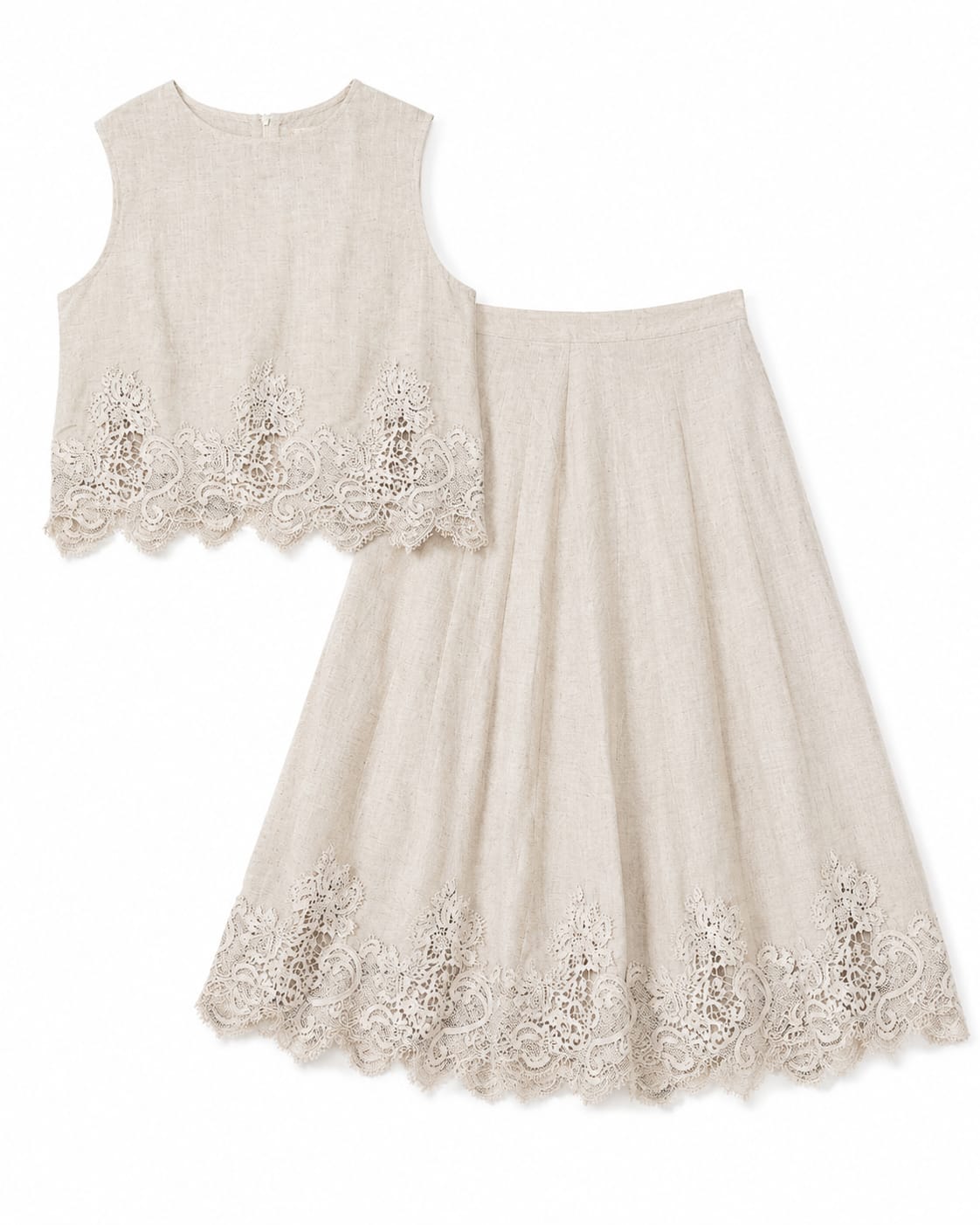 Women’s Beige Lace-Trim Sleeveless Top & Midi Skirt Set