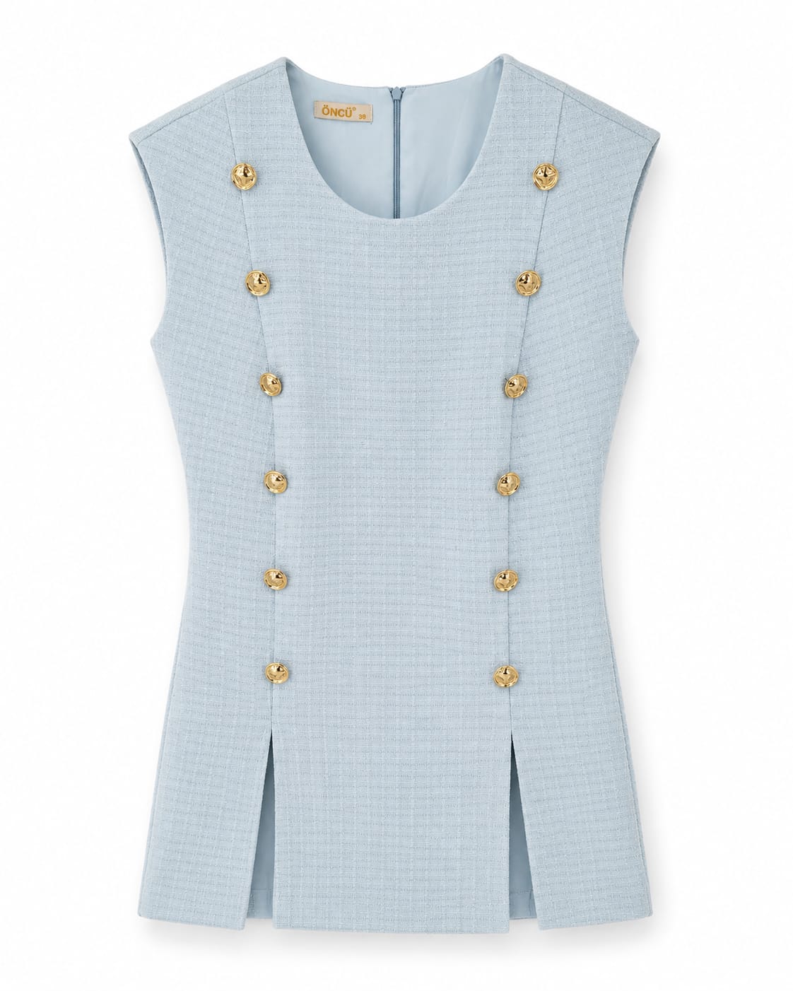 Women’s Light Blue Textured Gold-Button Mini Dress