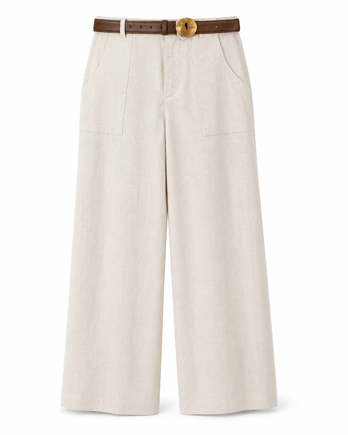 Women’s Beige Linen Wide-Leg Trousers with Belt