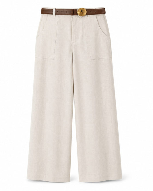 Women’s Beige Linen Wide-Leg Trousers with Belt