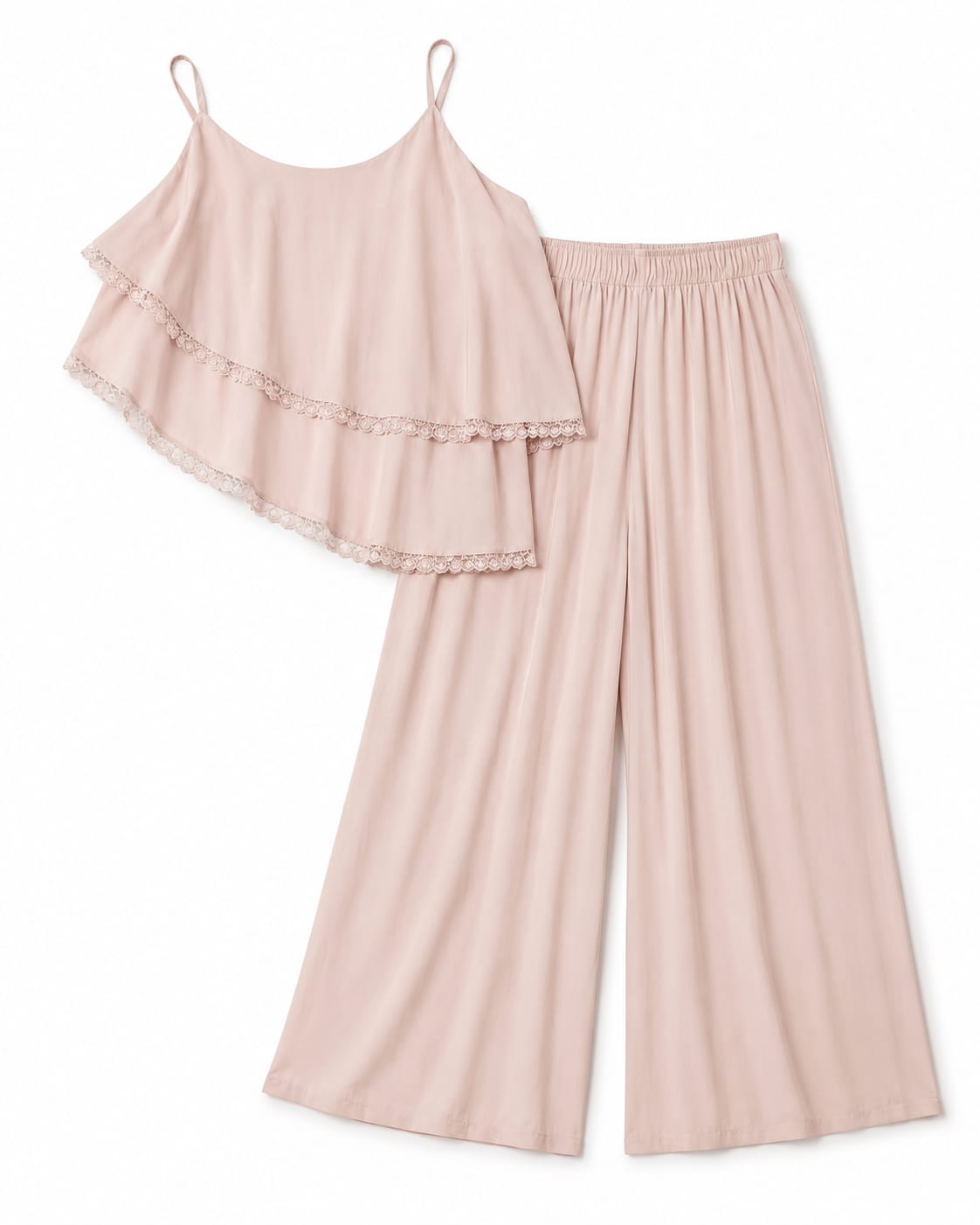 Women’s Blush Layered Lace-Trim Cami Top & Wide-Leg Pants Set
