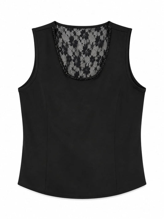 Women’s Black Lace-Panel Beaded Sleeveless Top