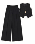 Women’s Black Buttoned Vest & Wide-Leg Pants Set
