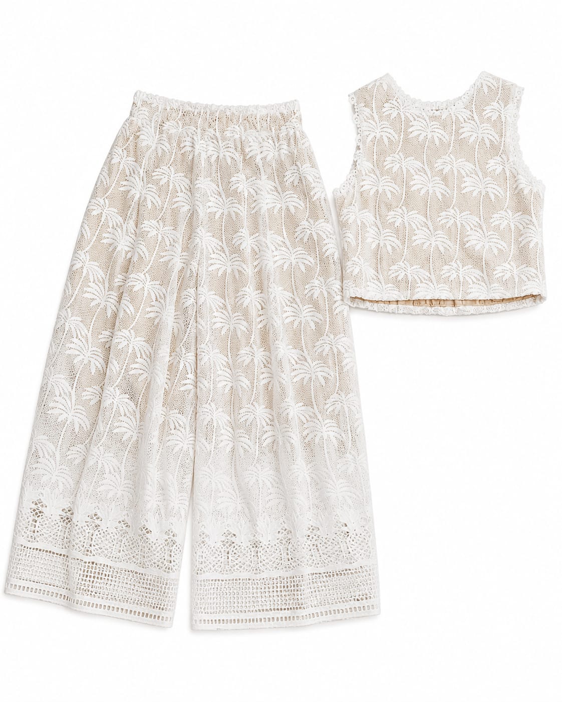 Women’s White Palm Lace Crop Top & Wide-Leg Pants Set