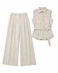 Women’s Beige Belted Sleeveless Shirt & Wide-Leg Pants Set