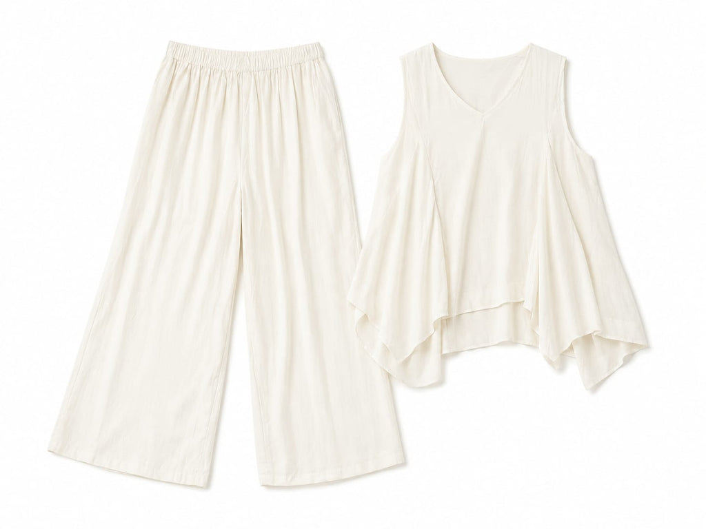 Women’s Ivory Asymmetric V-Neck Top & Wide-Leg Pants Set