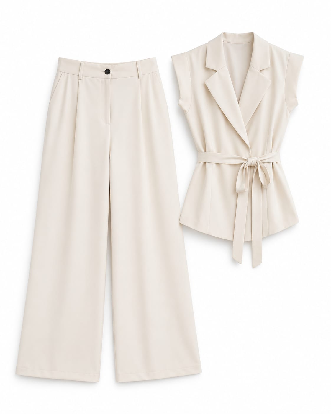 Women’s Ivory Belted Sleeveless Blazer & Wide-Leg Pants Set