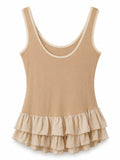 Women beige ribbed ruffle-hem tank top