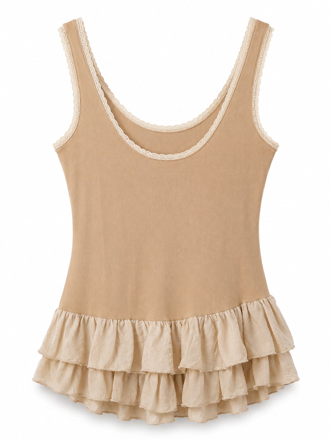 Women beige ribbed ruffle-hem tank top