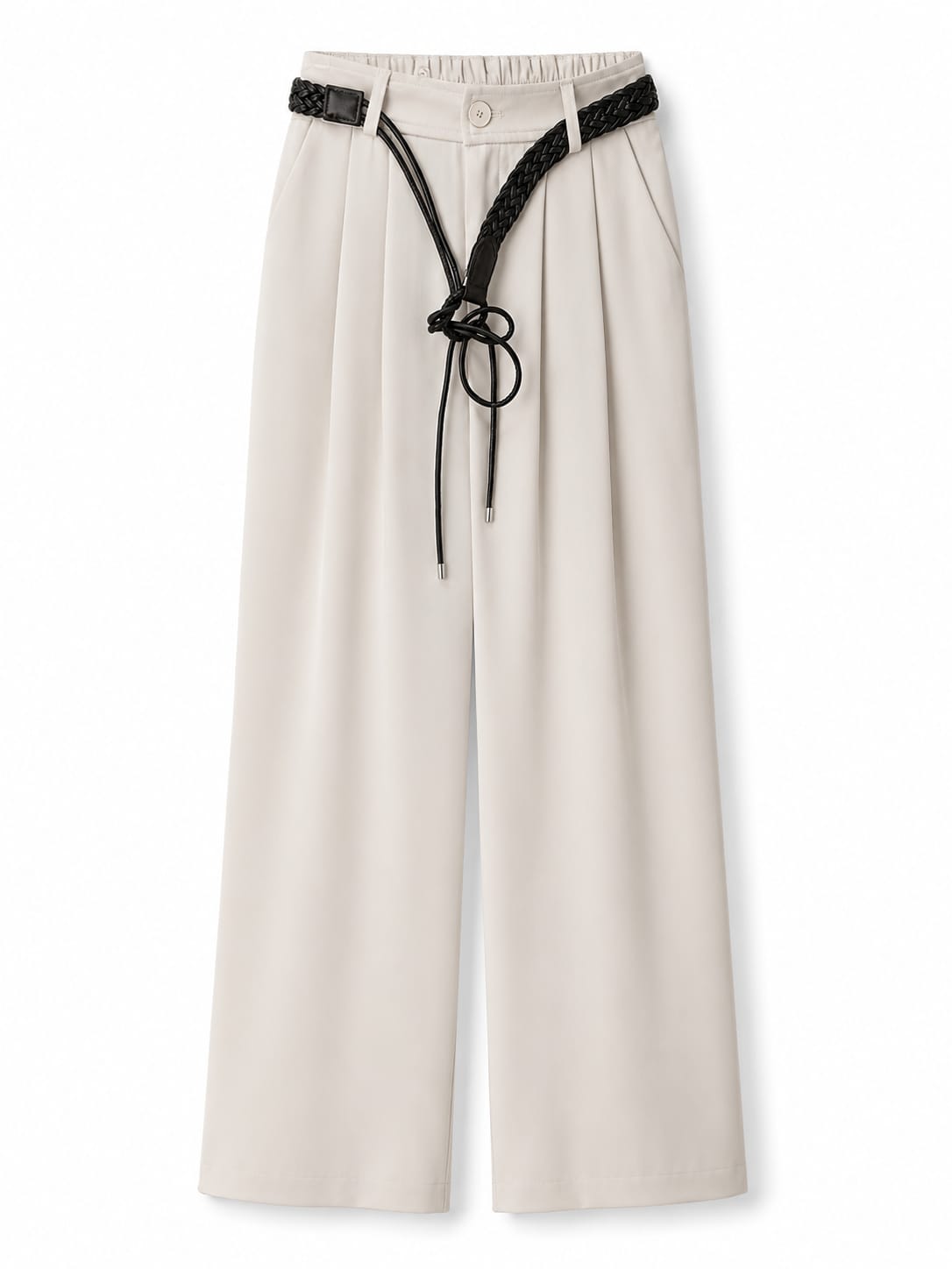 Women’s Beige Wide-Leg Trousers with Braided Belt