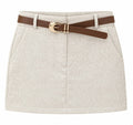 Women’s Beige Textured Mini Skirt with Brown Belt