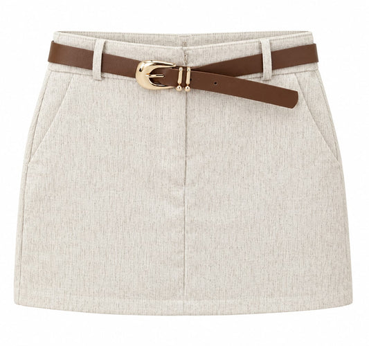 Women’s Beige Textured Mini Skirt with Brown Belt
