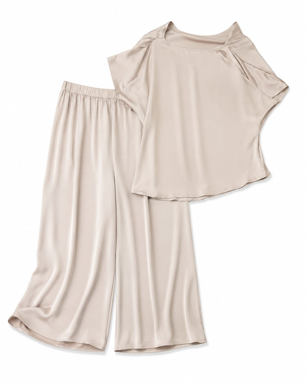 Women’s Beige Satin Top & Wide-Leg Pants Set