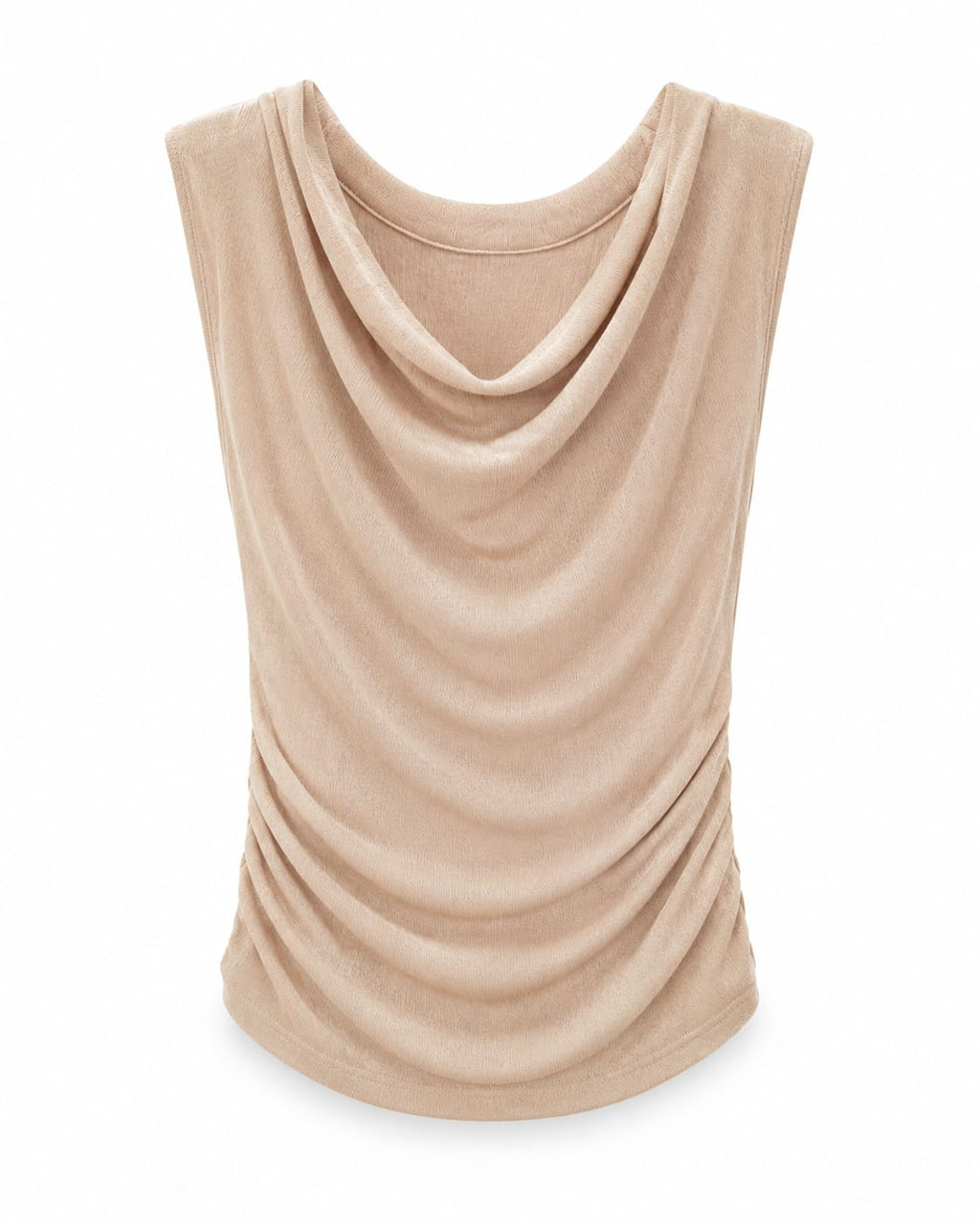 Women’s Beige Cowl-Neck Ruched Sleeveless Top