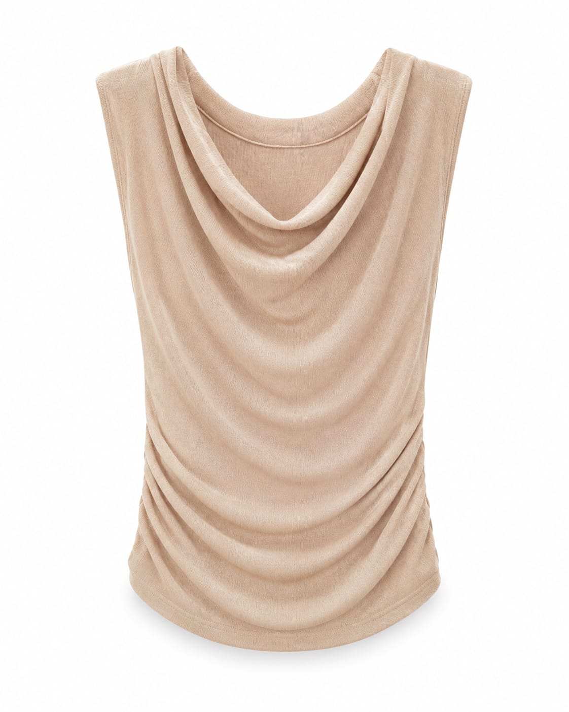 Women’s Beige Cowl-Neck Ruched Sleeveless Top