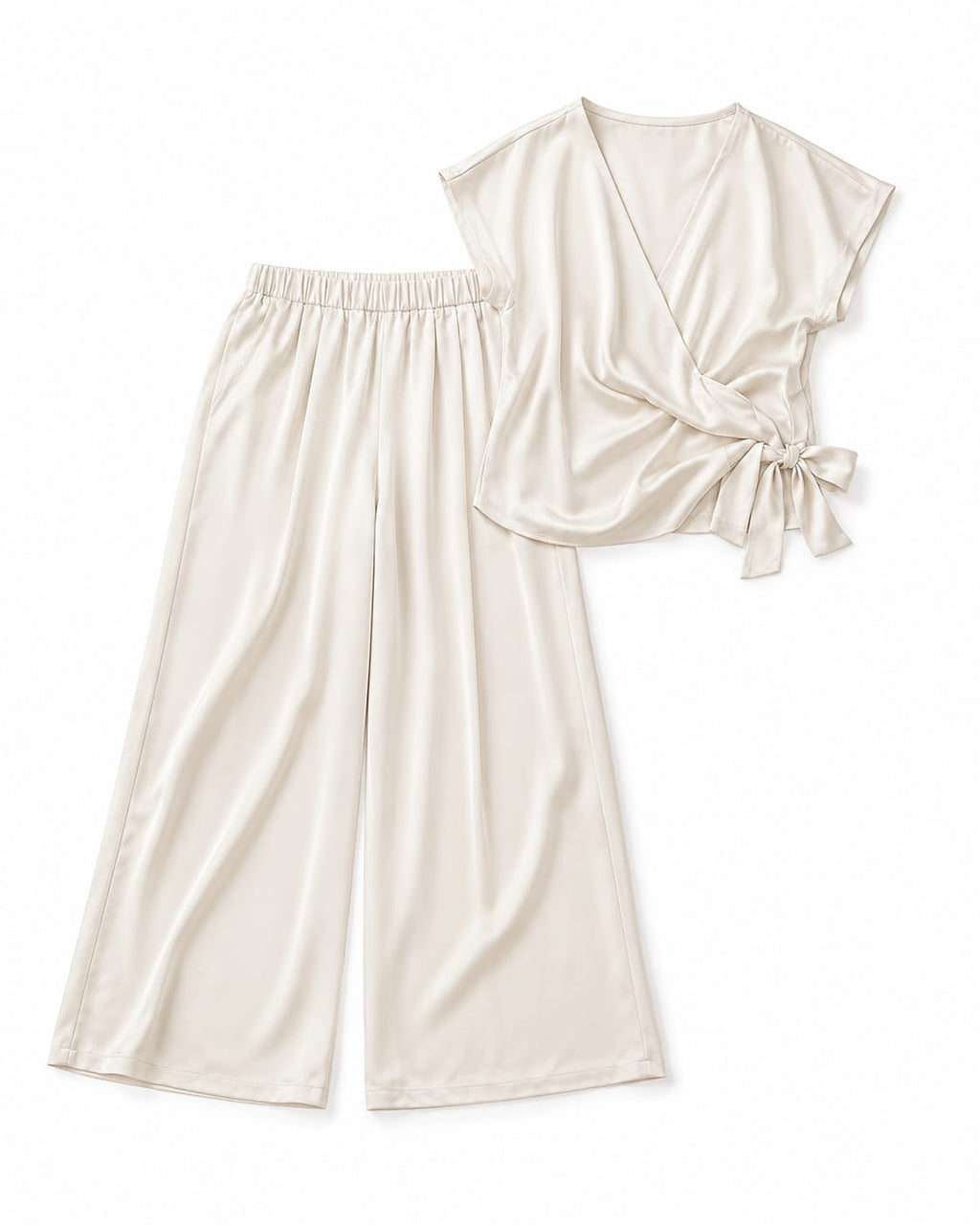 Women’s Champagne Satin Wrap Top & Wide-Leg Pants Set
