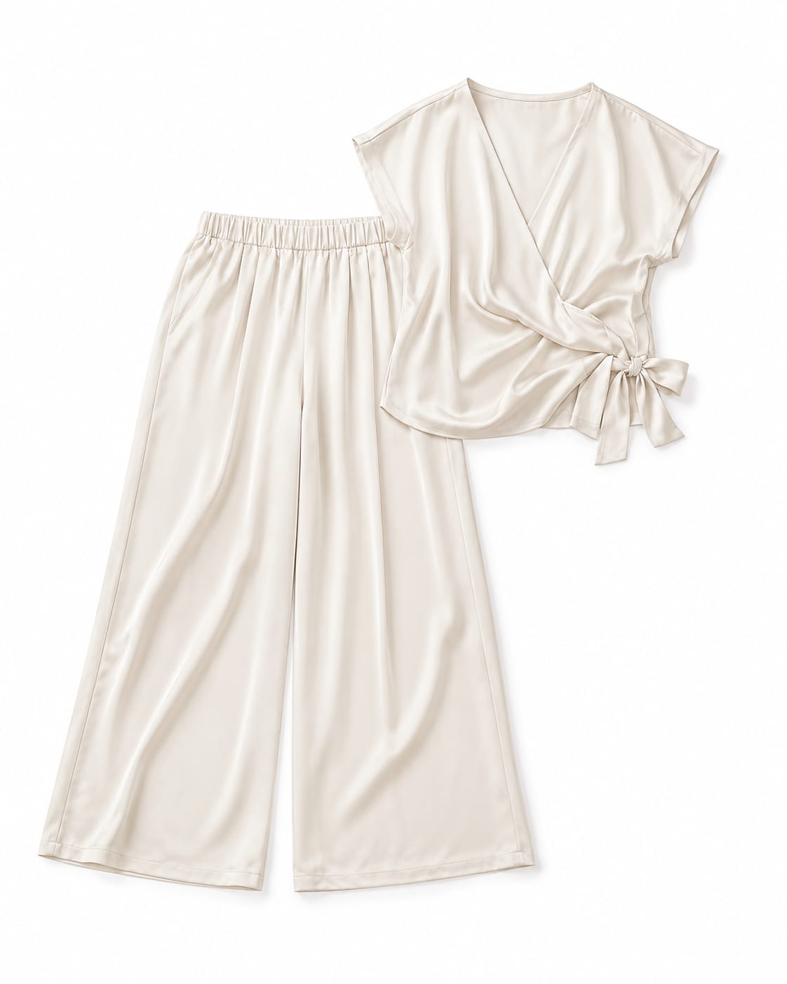 Women’s Champagne Satin Wrap Top & Wide-Leg Pants Set