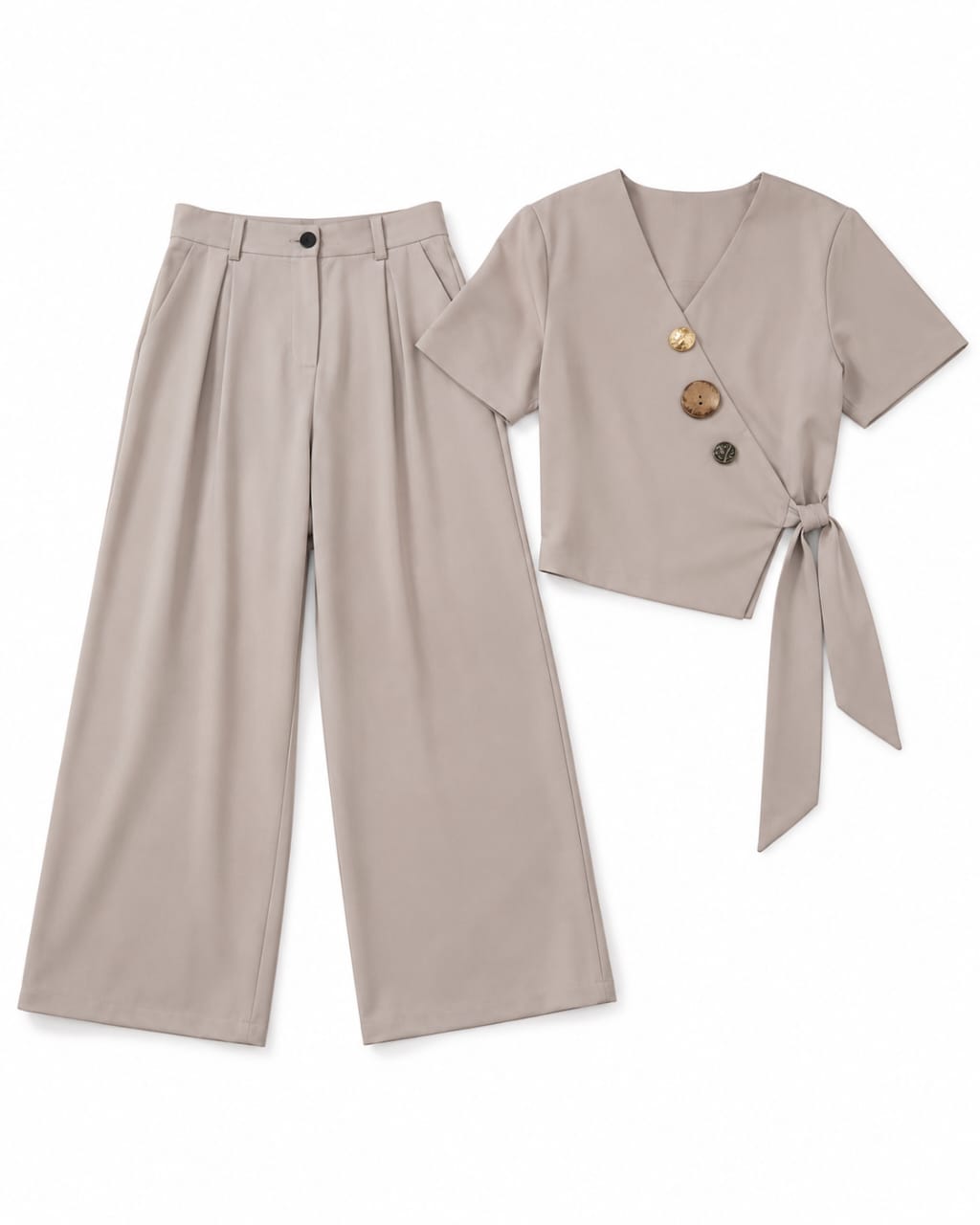 Women’s Taupe Button-Detail Wrap Top & Wide-Leg Pants Set