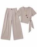 Women’s Taupe Button-Detail Wrap Top & Wide-Leg Pants Set