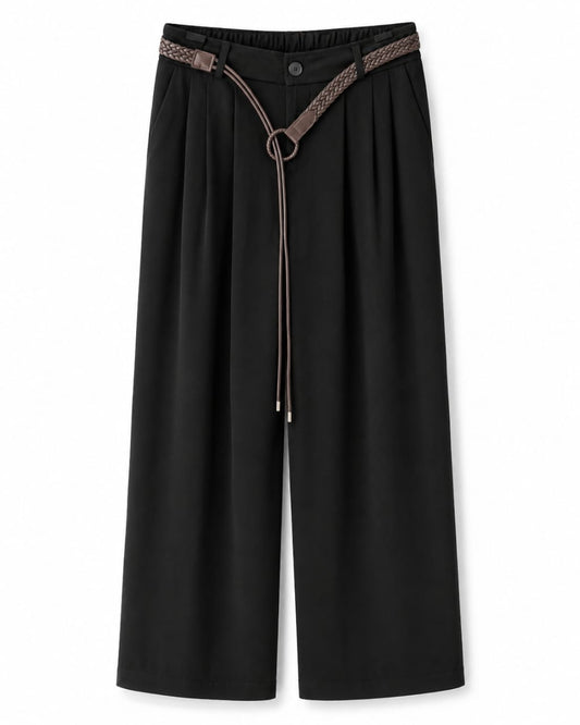 Women’s Black Wide-Leg Trousers with Braided Belt