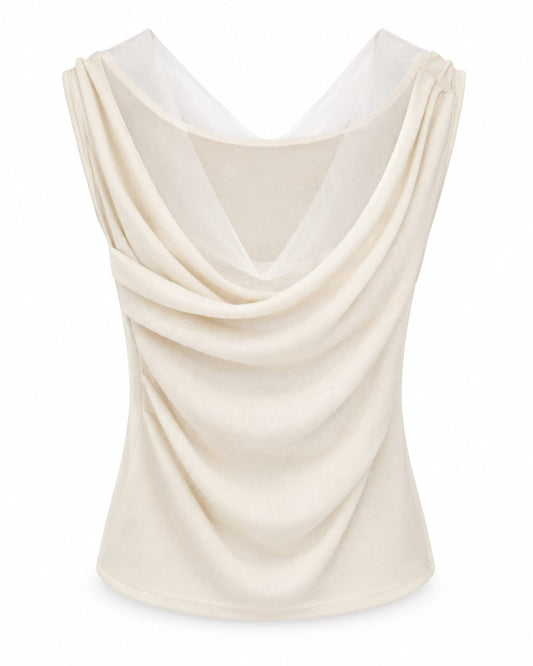 Women’s Ivory Mesh-Insert Draped Sleeveless Top
