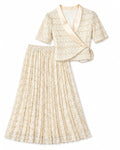 Women cream chevron lace wrap top&pleated maxi skirt set