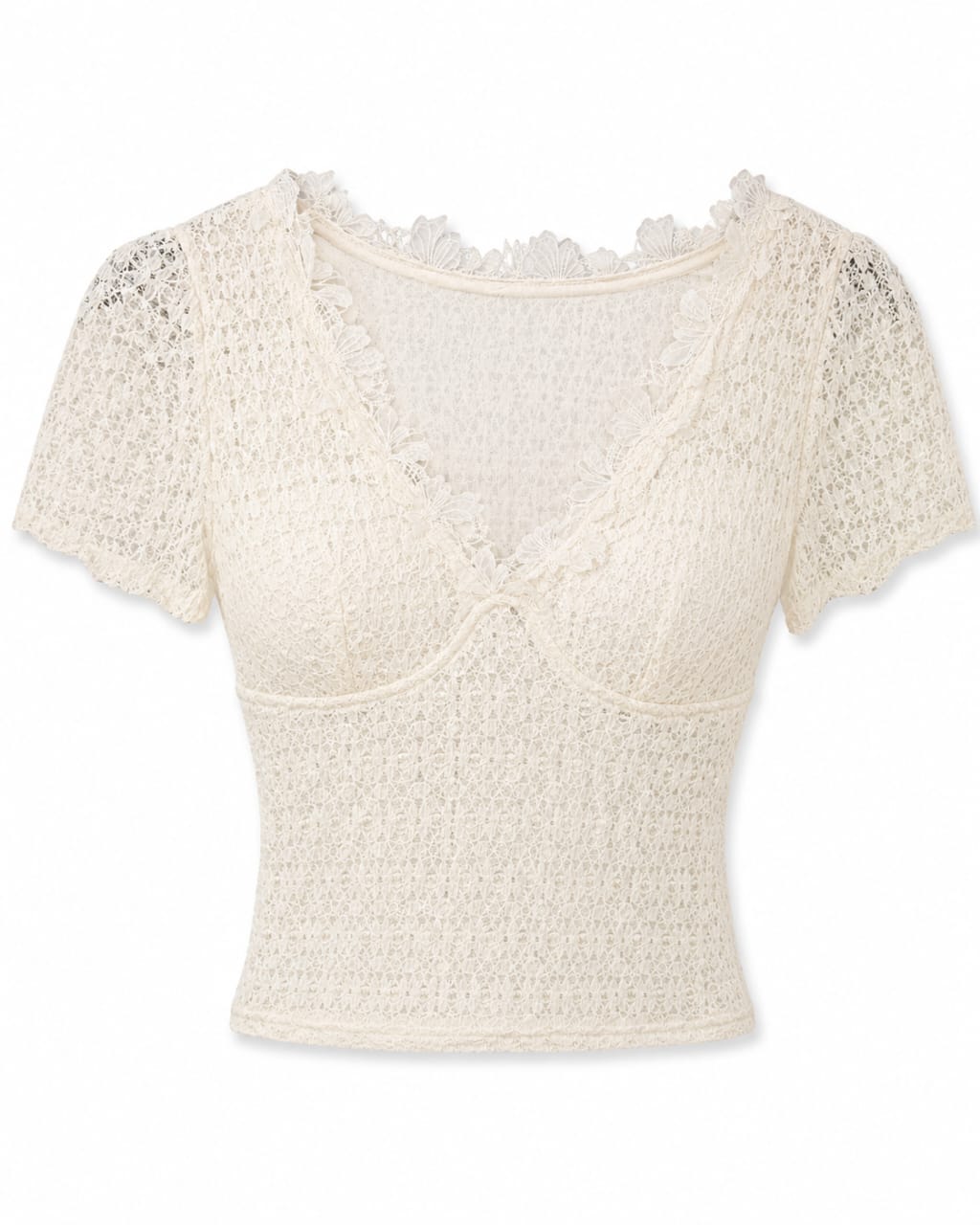 Women’s Ivory Floral Lace V-Neck Short-Sleeve Top