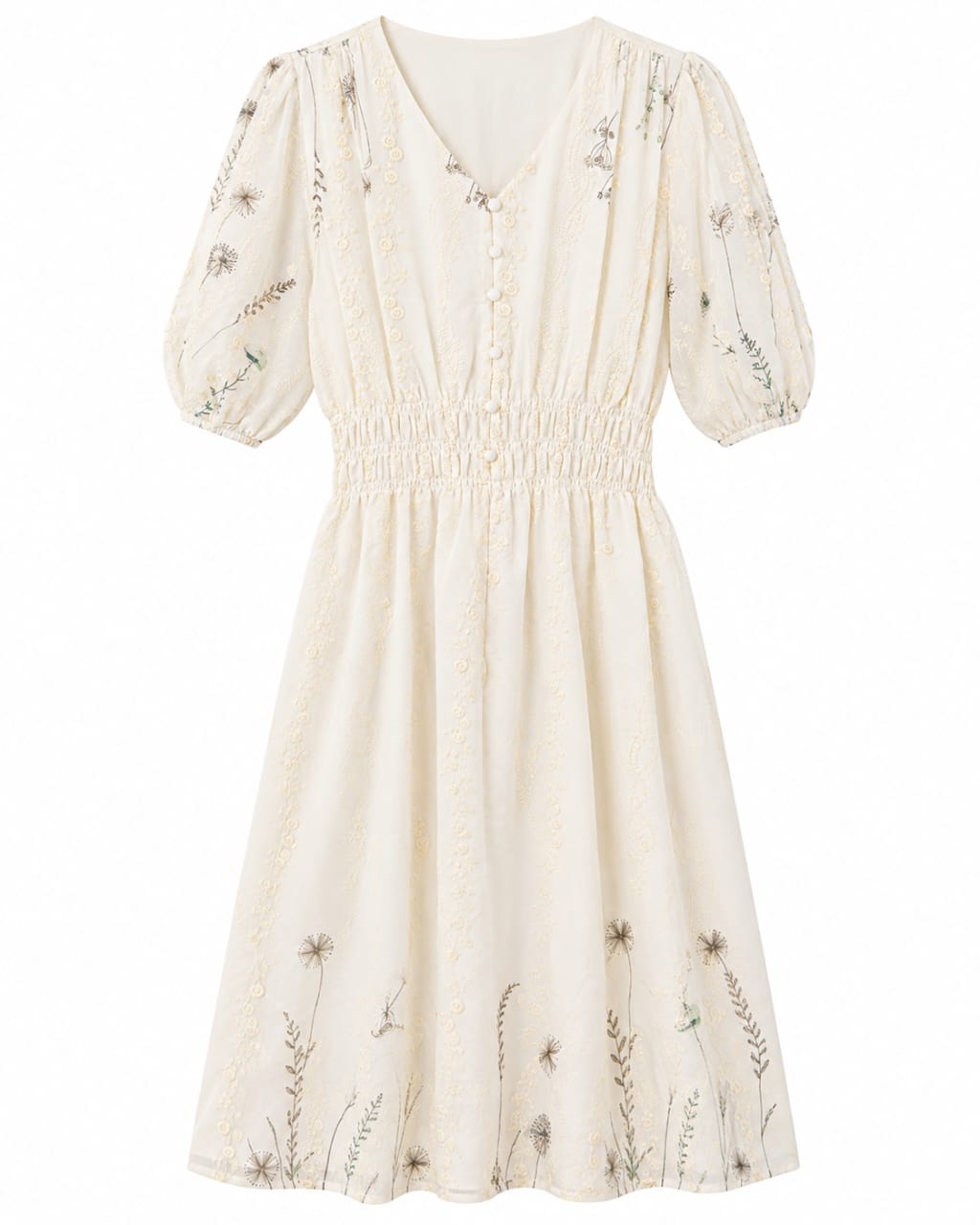 Women’s Cream Embroidered Button-Front Midi Dress