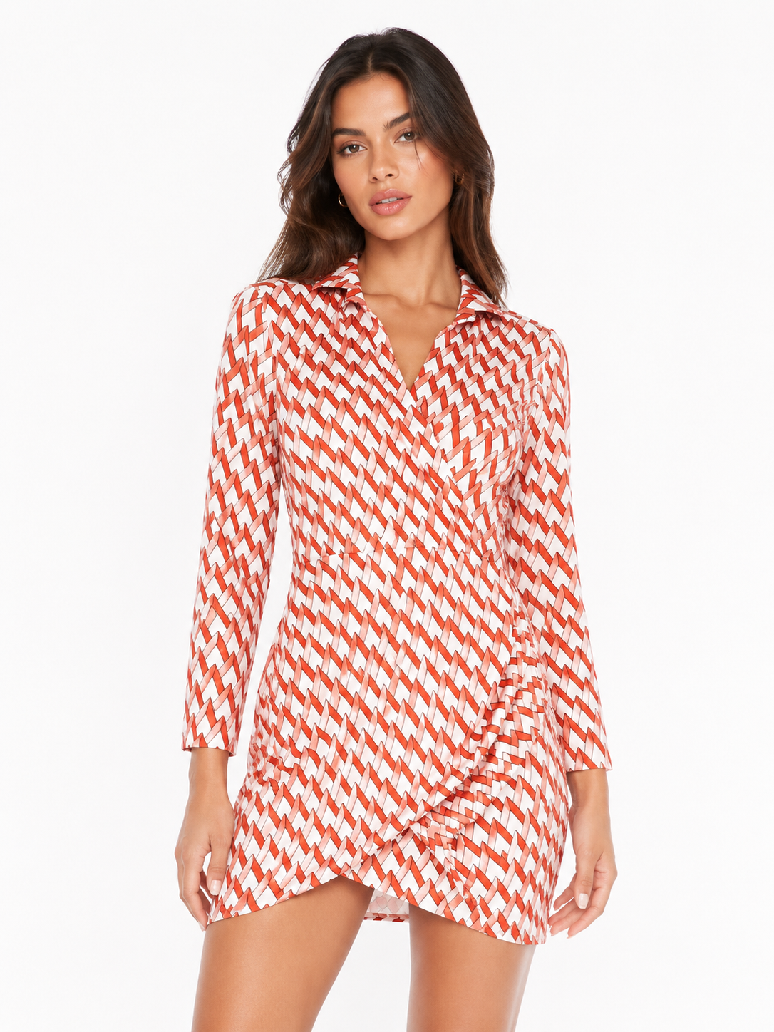 Elegant women’s red & white geometric wrap mini dress